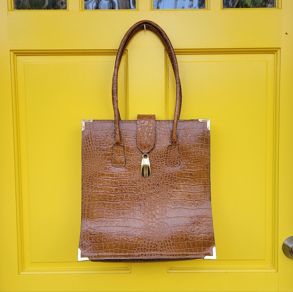Vintage Croc-Embossed Leather Structured Tote Briefcase